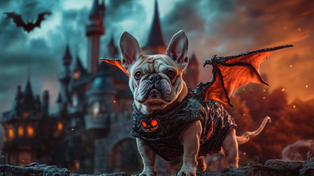 A dog is wearing a costume and standing in front of a castle. The castle is surrounded by a dark sky and there are bats flying in the background. Scene is spooky and eerieの素材