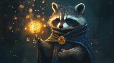 A raccoon is holding a wand and wearing a blue robe. The image has a fantasy or magical feel to itの素材