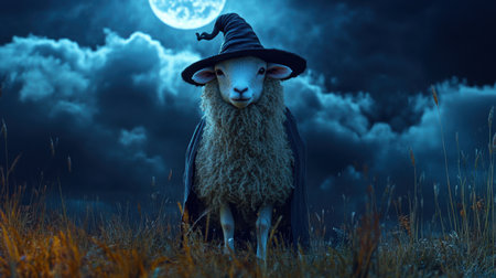 A sheep wearing a black hat stands in a field of tall grass. The sky is dark and cloudy, and the moon is visible in the background. The scene has a spooky, mysterious atmosphereの素材