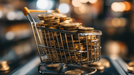 A shopping cart full of gold coins. The cart is on a table and the coins are scattered around itの素材