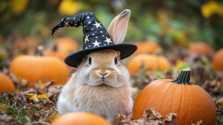 A rabbit wearing a black hat stands in front of a pile of pumpkins. The scene has a whimsical and playful mood, as the rabbit is dressed up like a witch and surrounded by pumpkinsの素材
