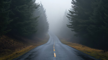 A road with trees on either side and a foggy atmosphere. The road is wet and muddy, and the trees are bareの素材