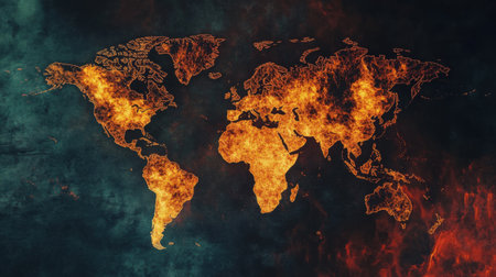 A world map with fire burning on it. The fire is so intense that it is almost as if it is engulfing the entire world. Concept of destruction and chaos, as well as the power of natureの素材