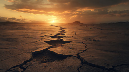 A desolate landscape with a sun setting in the background. The sky is filled with clouds, and the sun is just beginning to set. The scene is quiet and peaceful, with no signs of lifeの素材