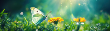 A butterfly is flying over a field of yellow flowers. Concept of freedom and beauty, as the butterfly gracefully moves through the air and the flowers provide a vibrant backdropの素材