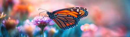 A butterfly is sitting on a flower. The butterfly is orange and black. The flower is pinkの素材