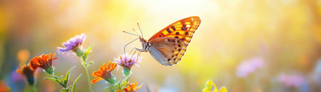A butterfly is flying over a field of flowers. Concept of freedom and beauty, as the butterfly gracefully moves through the colorful flowers. The scene is serene and peacefulの素材