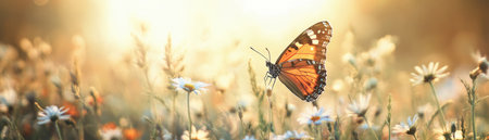 A butterfly is flying in a field of flowers. Concept of freedom and beauty, as the butterfly gracefully flutters through the colorful flowers. The scene evokes feelings of joy and serenityの素材