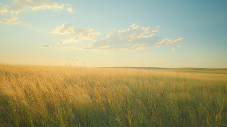 A field of tall grass with a clear blue sky in the background. The sky is dotted with clouds, giving the scene a peaceful and serene atmosphereの素材