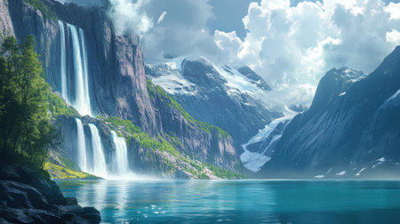 A beautiful mountain range with a waterfall and a lake. The water is calm and clear, and the sky is cloudy. The scene is peaceful and serene, and it evokes a sense of aweの素材