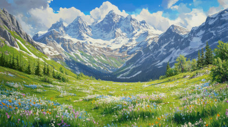 A painting of a mountain valley with a large field of flowers. The painting is very serene and peaceful, with the mountains in the background and the field of flowers in the foregroundの素材