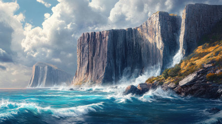 A painting of a rocky shoreline with a large waterfall. The sky is cloudy and the water is choppyの素材