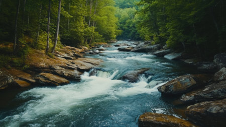 A river with a lot of rocks and trees. The water is clear and the trees are greenの素材