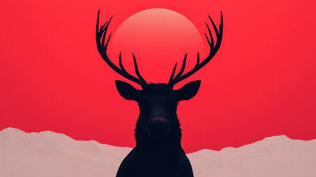 A deer with antlers is standing in front of a red sky. The image has a moody and mysterious feel to it, as the deer is the only visible element in the sceneの素材