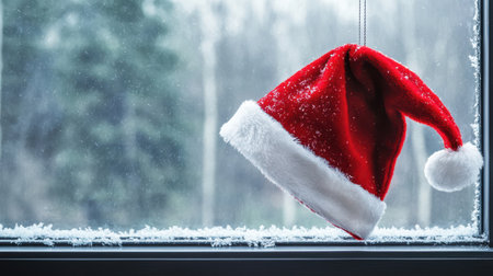 A red santa hat is hanging from a window sill. The hat is upside down and he is upside down in the snow. The scene is set in a snowy environment, and the hat is a symbol of the holiday seasonの素材