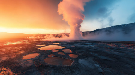 A large volcano with a large cloud of smoke coming out of it. The sky is orange and the sun is settingの素材