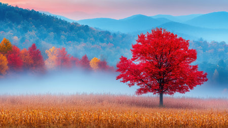 A red tree stands in a field of yellow corn. The sky is blue and the mountains in the background are visible. The scene is peaceful and serene, with the tree providing a sense of stabilityの素材