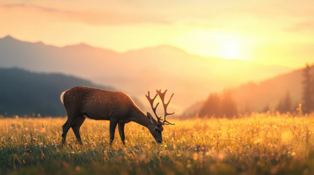 A deer is grazing in a field with a beautiful sunset in the background. Scene is peaceful and serene, as the deer calmly eats in the midst of a picturesque landscapeの素材