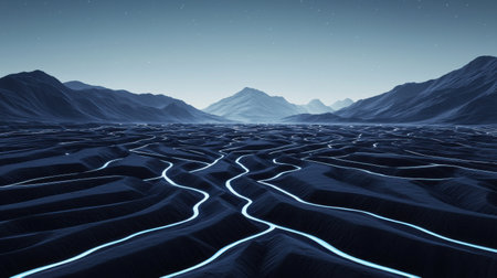 A desolate landscape with a blue sky and mountains in the background. The sky is filled with stars and the mountains are covered in snow. The landscape is barren and empty, with no signs of lifeの素材