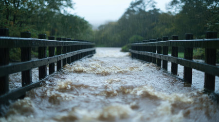 A bridge is flooded with water and the rain is pouring down. The water is rushing down the bridge and the rain is coming down in sheets. Scene is one of chaos and destructionの素材