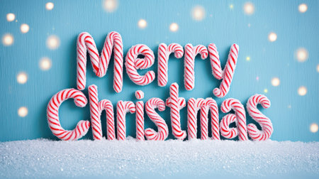 Merry christmas is written in a fun and creative way using candy cane letters. The image has a festive and joyful mood, as it is a Christmas-themed decorationの素材