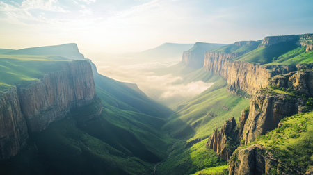 A mountain range with a valley in between. The valley is green and the mountains are brown. The sky is cloudy and the sun is shiningの素材