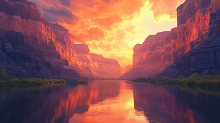 A beautiful sunset over a river with mountains in the background. The sky is filled with orange and pink hues, creating a warm and serene atmosphere. The water is calm and reflectiveの素材