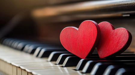 Two red hearts are placed on a piano keyboard. Concept of love and affection, as the hearts are placed on the keys of the piano, which is often associated with music and emotionsの素材