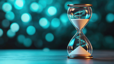 A glass hourglass with sand in it is on a table. The sand is almost gone, and the hourglass is almost empty. Concept of time passing quicklyの素材