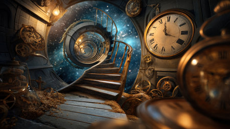 A room with a spiral staircase and a clock on the wall. The clock is set to the time of 11:00の素材