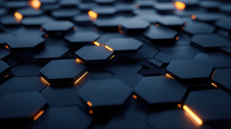 A close up of a black and orange hexagonal pattern. The pattern is made up of black and orange shapes that are arranged in a grid. The colors and shapes create a sense of depth and textureの素材