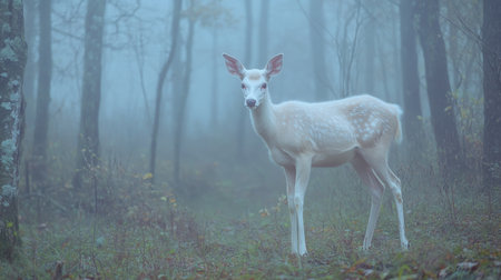 A deer stands in a forest with foggy weather. The deer is white and has a large earの素材