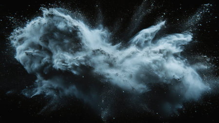 A large cloud of blue powdery dust is floating in the air. Concept of chaos and destruction, as the dust seems to be in constant motion and covering everything in its pathの素材