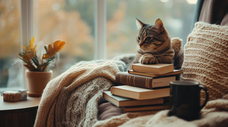 A cat is laying on a pile of books and a mug. The cat is looking out the window, and the books are arranged in a stack. The scene has a cozy and relaxed atmosphereの素材