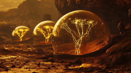 Three glass orbs with a tree inside of them. The orbs are on a rocky surface. The orbs are golden and the tree is lit upの素材