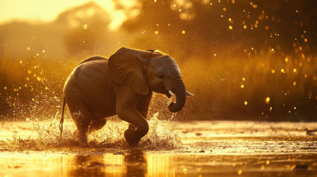 A baby elephant is splashing in the water. The scene is serene and peaceful, with the sun shining brightly in the background. The elephant's playful natureの素材