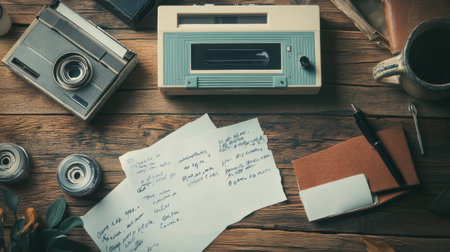 A typewriter sits on a wooden table with a stack of papers and a pen. The typewriter is surrounded by old cameras and a cup of coffee. The scene suggests a nostalgic atmosphere, with the typewriterの素材