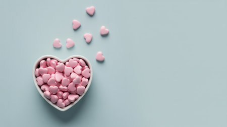 Heart shaped bowl filled with pink candy on blue backgroundの素材