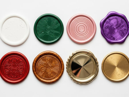 Collection of colorful wax seals on white backgroundの素材