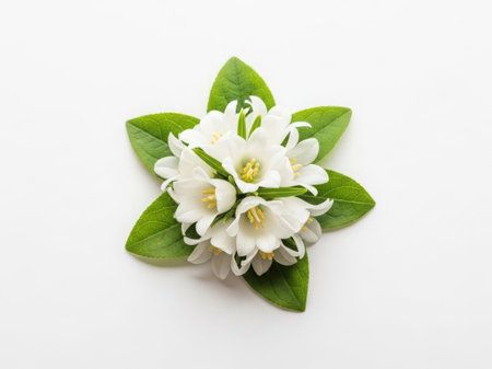 Beautiful white flowers with green leaves on white backgroundの素材