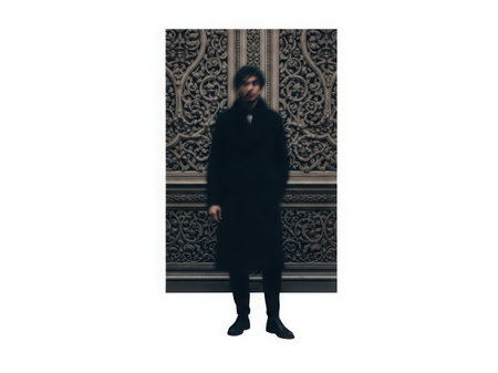 Man standing in front of ornate wallの素材