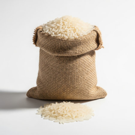 A sack of white rice on a plain backgroundの素材