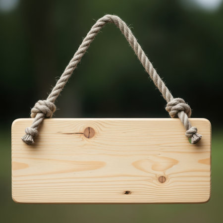 Simple wooden sign with rustic rope hangingの素材