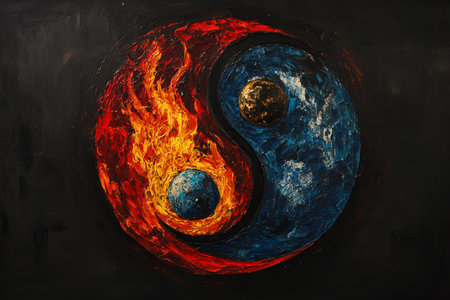 Yin yang symbol with fire and ice elementsの素材