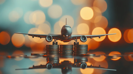 Airplane soaring over stacks of coinsの素材