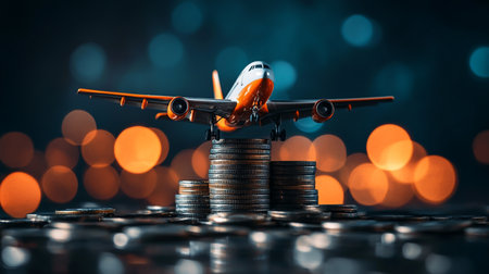 Airplane taking off from a stack of coinsの素材