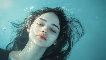 Serene underwater portrait of a woman with closed eyesの素材
