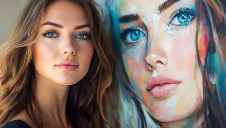 The image features a woman with striking blue eyes posing next to an artistic painting of herself. The painting showcases vibrant colors and an abstract style, emphasizing the woman's facial features and adding a creative flair. The woman's natural beauty is highlighted, with her long, wavy hair and serene expression contributing to the overall aesthetic. The juxtaposition of the real person and her artistic representation creates a compelling visual narrative.の素材