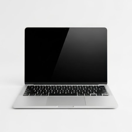 Modern laptop with black keyboard and screen on white backgroundの素材