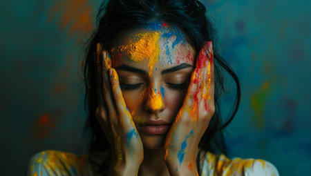 This image captures a young woman celebrating the festival of Holi. She is covered in vibrant hues of yellow, blue, and red powder, which are traditionally used during this festive occasion. Her eyes are gently closed, and she appears to be in a moment of joy and tranquility. The background is blurred, drawing focus to her face and the vivid colors that adorn it. The overall mood of the image is festive and joyful, highlighting the spirit of unity and celebration that Holi brings.の素材